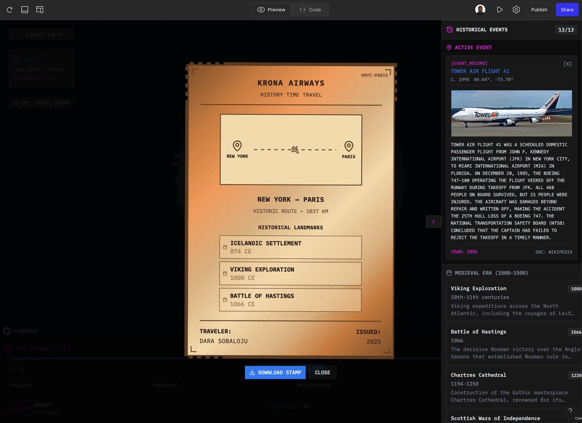 darasoba's tweet photo. For the #figmamakeathon, I built a time machine. Well, kind of.

Travel through time to explore historical events &amp; landmarks, collect retro stamps, and even track real flights while discovering history along the route.

Get your stamp 👉 https://t.co/gHkjVTf4H4 https://t.co/zha0fzhd2b