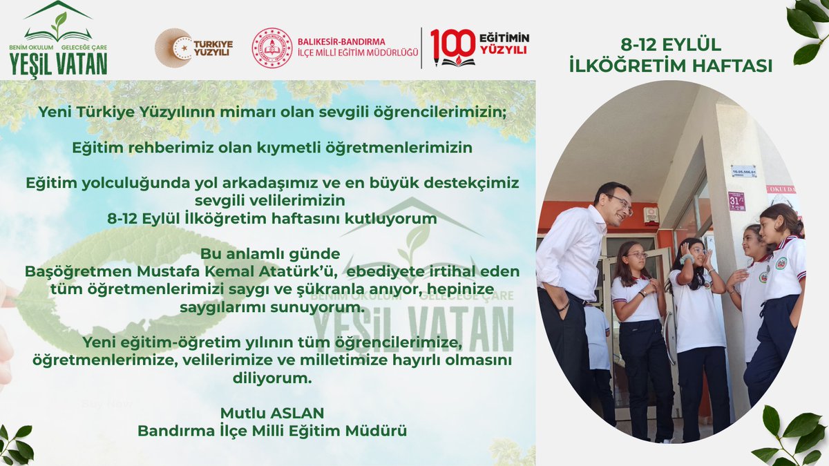 İlçe Milli Eğitim Müdürümüz Sn.Mutlu ASLAN'ın 8-12 Eylül İlkogretim Haftası kutlamaları mesajı...
<a href="/balikesirmem/">Balıkesir İl Millî Eğitim Müdürlüğü</a> 
<a href="/Murat69_Demir/">Murat Demir</a> 
<a href="/MutluAslann/">Mutlu Aslan 🇹🇷</a>