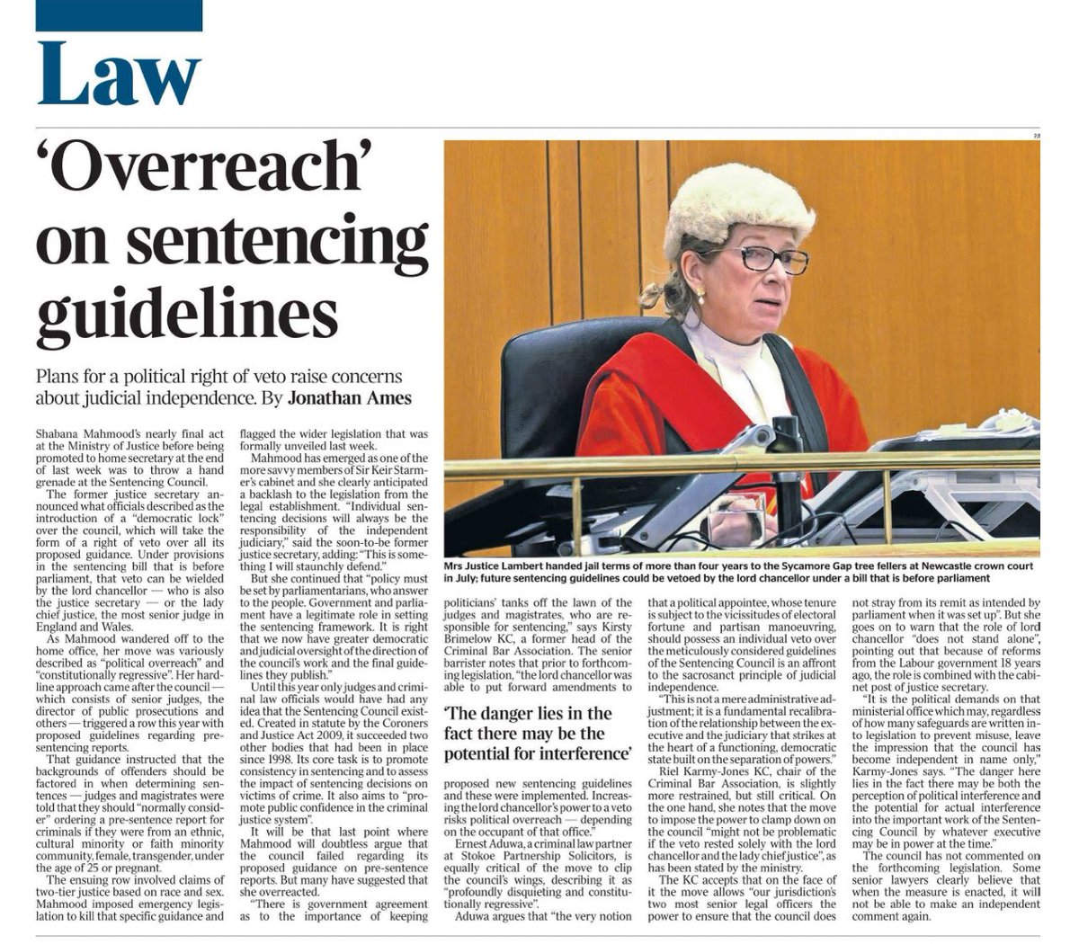 The CBA (@thecriminalbar) on Twitter photo “‘The danger lies in the fact there may be the potential for interference’”, CBA chair Riel Karmy-Jones KC in the <a href="/thetimes/">The Times and The Sunday Times</a> on proposed changes to oversight of the Sentencing Council
“Plans for a political right of veto raise concerns about judicial independence”. “‘The danger lies in the fact there may be the potential for interference’”, CBA chair Riel Karmy-Jones KC in the <a href="/thetimes/">The Times and The Sunday Times</a> on proposed changes to oversight of the Sentencing Council
“Plans for a political right of veto raise concerns about judicial independence”.