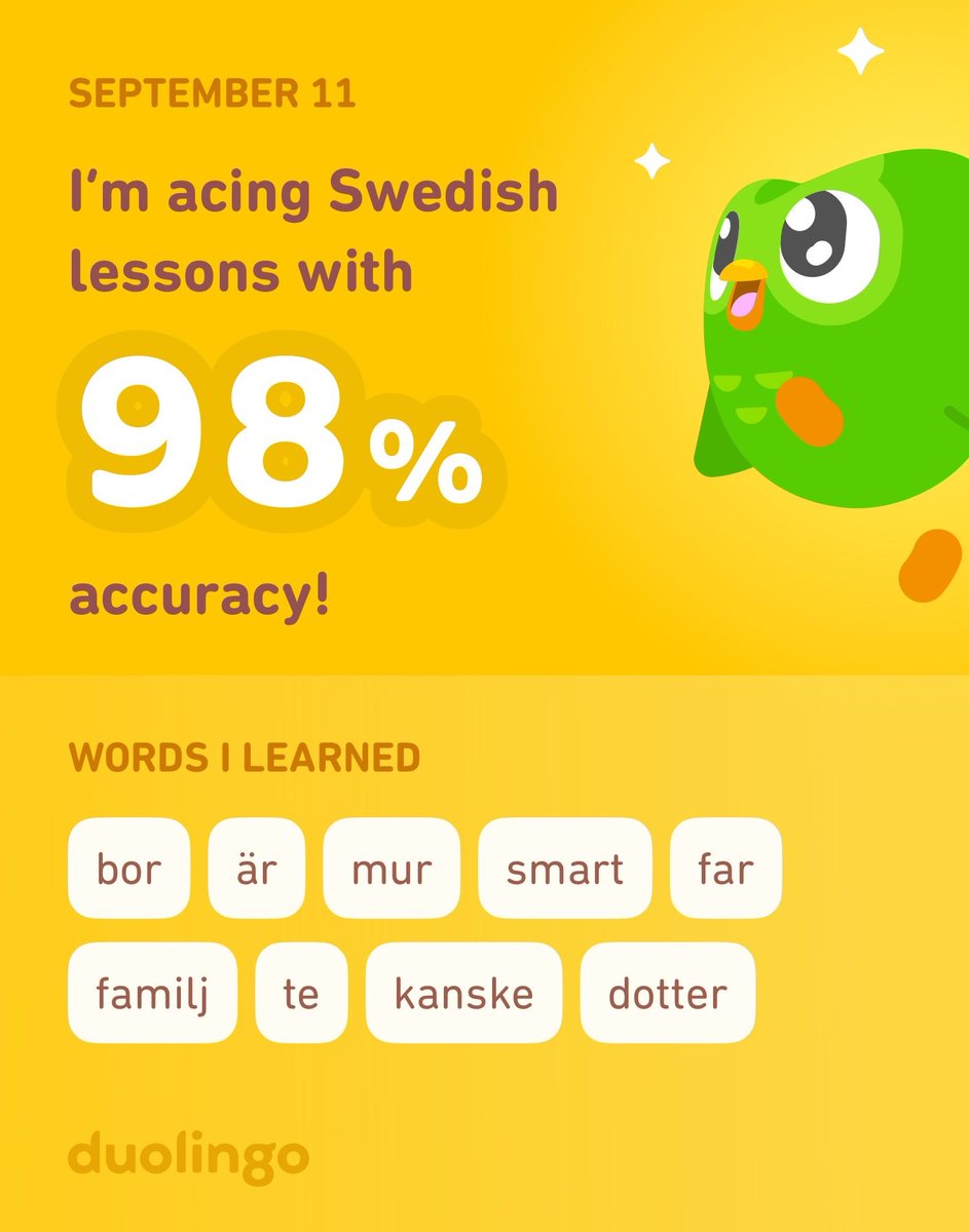 I’m learning Swedish on Duolingo! It’s free, fun, and effective.