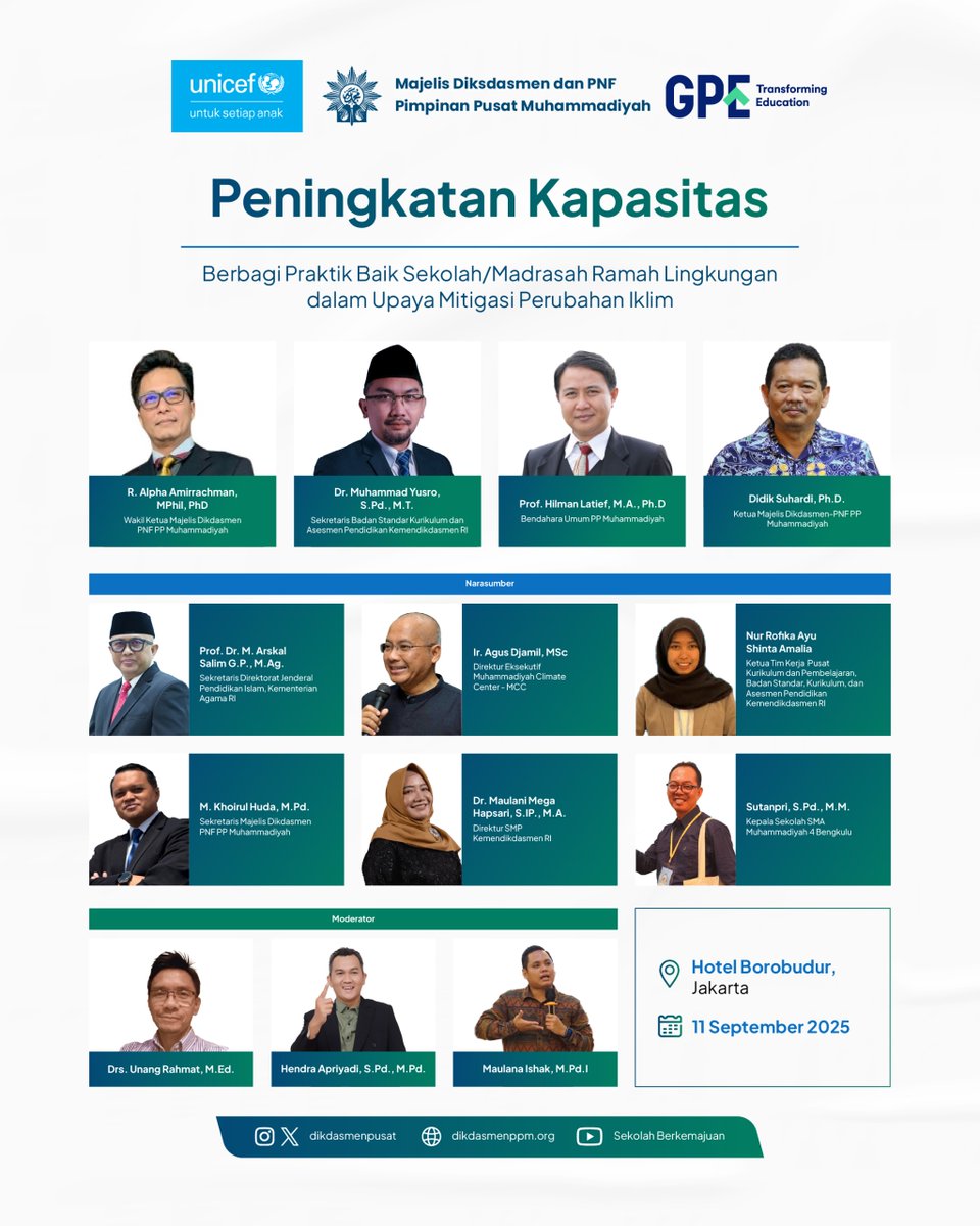 Hari ini berlangsung Peningkatan Kapasitas "Berbagi Praktik Baik Sekolah/Madrasah Ramah Lingkungan dalam Upaya Mitigasi Perubahan Iklim" 

Agenda ini hasil kerja sama Majelis Dikdasmen PNF PP Muhammadiyah dengan <a href="/UNICEFIndonesia/">UNICEF Indonesia</a> dan <a href="/GPforEducation/">Global Partnership for Education</a> 🤩