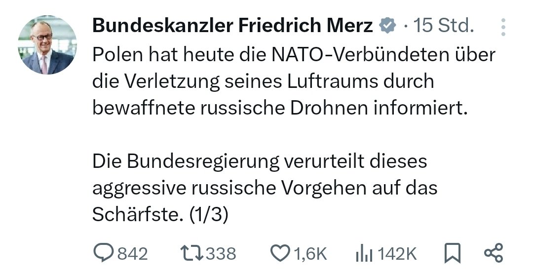 Doppelmoral kurz erklärt.

Ukrainer sprengen unsere Pipeline: 🥱
Drohne fliegt über Polen: 👇