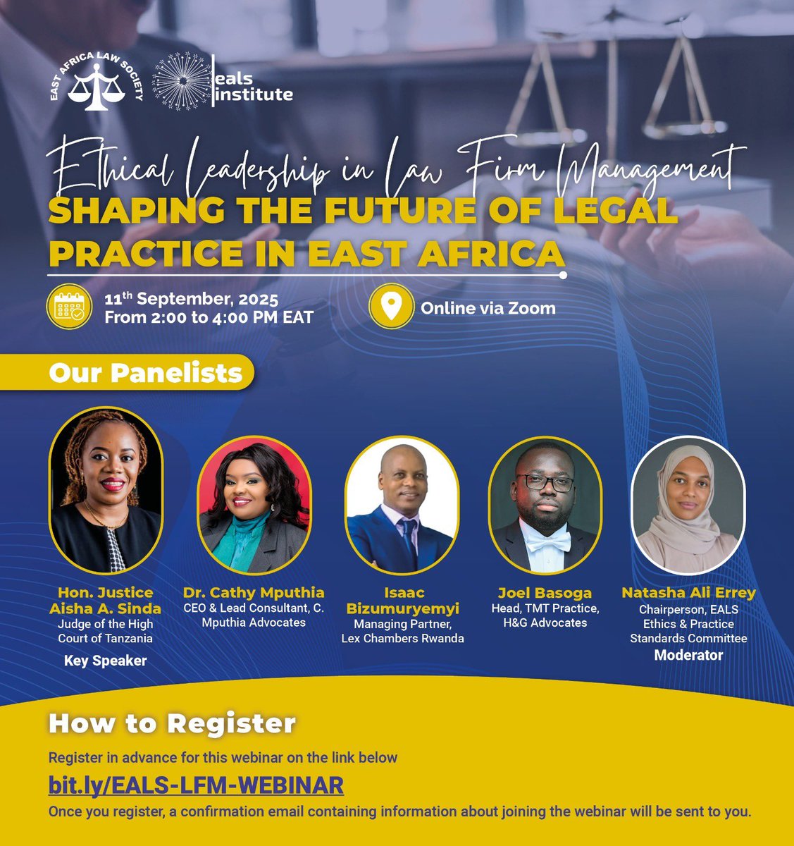 Shaping the future of legal practice in East Africa 🌍⚖️ | Join us today for a powerful discussion on Ethical Leadership in Law Firm Management with top legal minds. 🕑 2PM EAT | Online via Zoom. Register 👉 bit.ly/EALS-LFM-WEBIN… #LegalLeadership #EALS