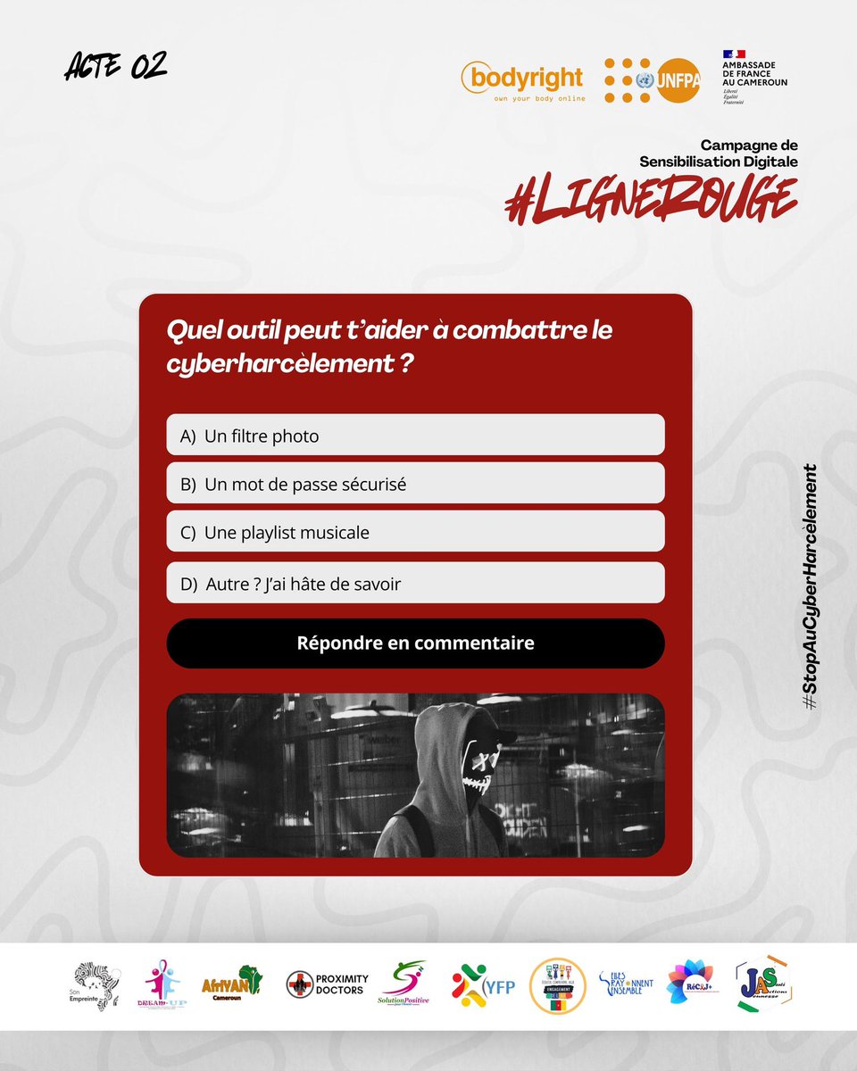🔍 troisième énigme de la campagne 
➡️ Reste attentif(ve)lis bien les indices, et aide-nous à révéler ce qui se cache derrière l’écran et donne ta reponse en commentaire 
#StopCyberHarcelement #RespectEnLigne #ConsentementNumérique #MonCorpsMesDroits 
@UNFPACameroun
<a href="/CentreOdas/">Centre ODAS</a>
