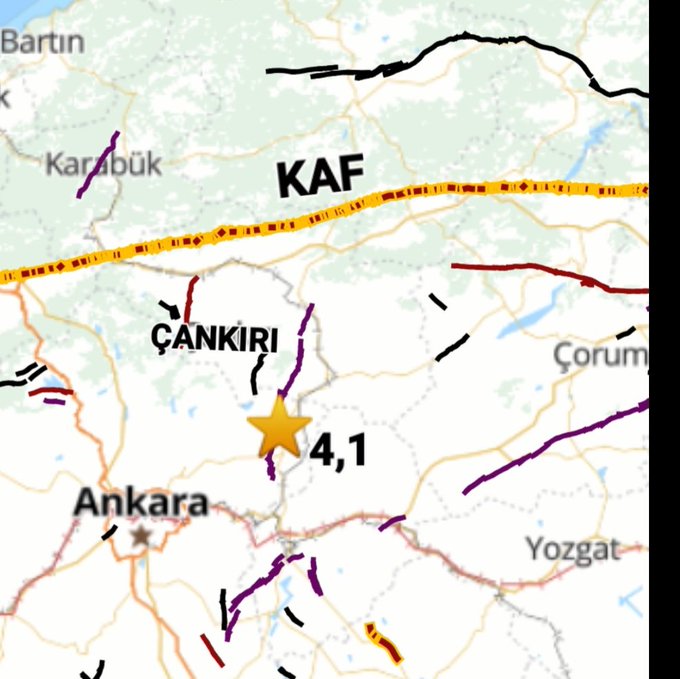 A map showing parts of Turkey with Çankırı, Ankara, Bartın, Karabük, Çorum, and Yozgat labeled. A yellow line marks the North Anatolian Fault, and a red line indicates the Çankırı Fault Zone. A gold star marks a 4.1 magnitude earthquake near Çankırı-Ankara. Various roads and geographical features are visible.