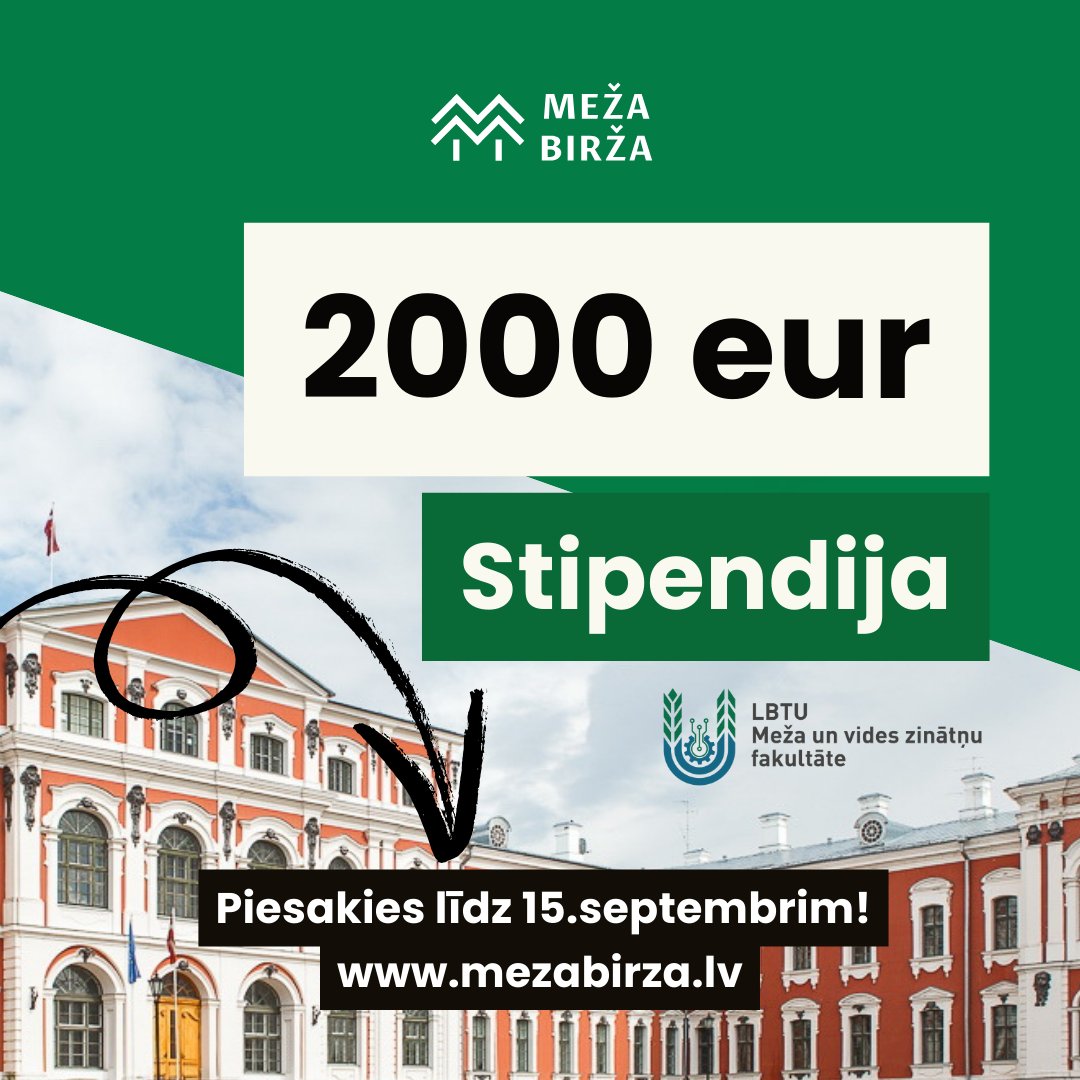📌4 dienas līdz esejas iesniegšanai! Ja vēl neesi pieteicies Meža Birža  2000 € stipendijai <a href="/LaBiTeU_lv/">Latvijas Biozinātņu un tehnoloģiju universitāte</a> , pasteidzies – termiņš ir 15. septembris. Lasi mezabirza.lv/lv/jaunumi/mez…

#stipendija #MežaBirža #LBTU #mežsaimniecība #Students #mežafakultāte