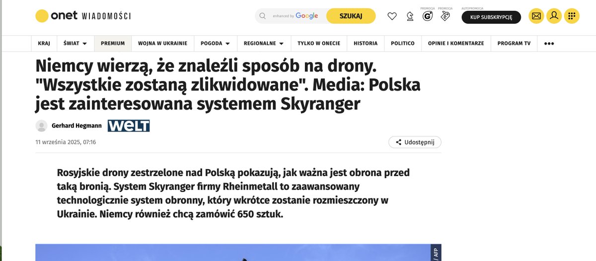 Pamiętacie Państwo niedawny tekst w Onecie dyskredytujący polski 🇵🇱 system antydronowy firmy <a href="/APS_SKYctrl/">Advanced Protection Systems</a> ?
Więc właśnie pojawił się w Onecie artykuł zachwalający  niemiecki 🇩🇪 system antydronowy  firmy Rheinmetall. 
Dzień po ataku rosyjskich dronów na Polskę. Przypadek??? 
My w