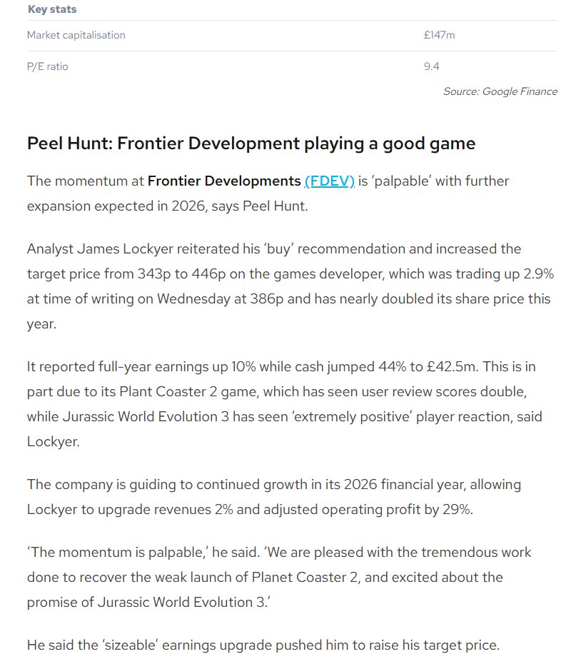 entrustTMF's tweet image. #FDEV Peel Hunt: Frontier Development playing a good game