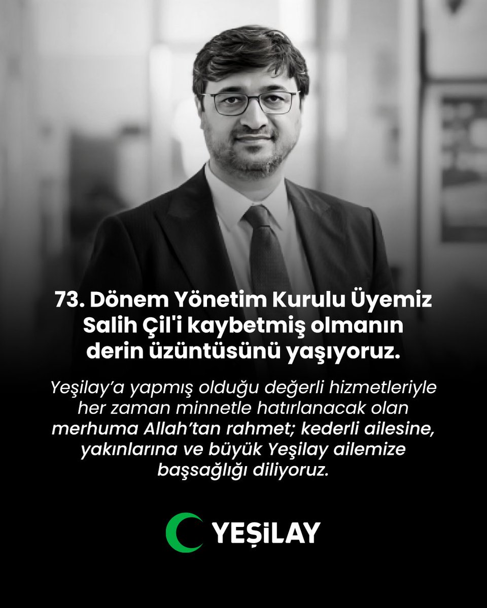 73. Dönem Yönetim Kurulu Üyemiz Salih Çil'i kaybetmiş olanın derin üzüntüsünü yaşıyoruz. 

Yeşilay’a yapmış olduğu değerli hizmetleriyle her zaman minnetle hatırlanacak olan merhuma Allah’tan rahmet; kederli ailesine, yakınlarına ve büyük Yeşilay ailemize başsağlığı diliyoruz.