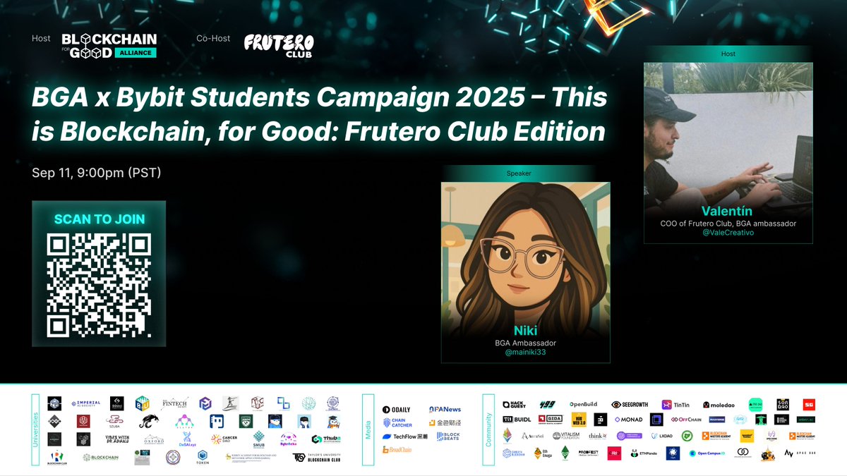 <a href="/freyaa_SG/">Freya</a> <a href="/Bybit_Official/">Bybit</a> <a href="/Cherryyang777/">Cherry</a> <a href="/webenstein_/">Gideon</a> <a href="/kingsleykelechi/">Kingsley Erondu</a> <a href="/THUBA_DAO/">THUBA DAO</a> <a href="/HackQuest_/">HackQuest</a> <a href="/499_DAO/">499</a> <a href="/OpenBuildxyz/">OpenBuild</a> <a href="/SeeGrowthX/">SeeGrowth</a> <a href="/OurTinTinLand/">TinTinLand</a> <a href="/moledao_io/">moledao</a> <a href="/1783Dao/">1783dao.eth🚀🚀🚀</a> <a href="/sqrDAO/">sqrDAO 🇻🇳 | Web3 Builders Unite!</a> <a href="/sgbuidl/">SG Builders</a> <a href="/THBUIDL/">TH BUIDL</a> <a href="/web3hubkas/">Web3 META Hub</a> <a href="/KeyMapDAO/">KeyMapDAO</a> <a href="/monad_dev/">Monad Devs</a> <a href="/mobil3_xyz/">Mobil3.xyz</a> <a href="/offchainglobal/">OffChain Global</a> <a href="/MasverseHub/">Masverse</a> <a href="/gig_dao/">GIG DAO 🧑‍💻 Web3 Guild</a> <a href="/BuidlerDAO/">BuidlerDAO</a> <a href="/gbweekofficial/">German Blockchain & AI Week - GBW 2025</a> <a href="/amber_ac_/">amber.ac</a> <a href="/NapulETH/">NapulETH 🇮🇹🌋</a> <a href="/Aura_Sci/">AuraSci</a> <a href="/IfiokEdet_/">Ifiok Edet ⛓️ OnchainJournals</a> <a href="/joshua/">Joshua Z Weinstein</a> <a href="/BybitByBUIDLERs/">Bybit ByBUIDLERs</a> <a href="/Adexmil/">🅰️dexmil🔸 🍊,💊 🍚</a> <a href="/emmanuel/">EMMANUEL ADEGOKE</a> <a href="/Altitude_001/">Altitude</a> <a href="/0xqiuqiuu/">0xqiuqiu</a> 🌍 @ChainForGood X <a href="/Bybit_Official/">Bybit</a> Students Campaign 2025: This is Blockchain, for Good — <a href="/fruteroclub/">Frutero Club 🥑</a> Edition

📅 Date: 11th Sep, 9:00 PM PST
🎙 Space Link: x.com/i/spaces/1zqKV…
⏳ 30 mins of insights, tips &amp; inspiration!

💡 Agenda &amp; Speakers
Host
9:00 – 9:05 Valentin | –