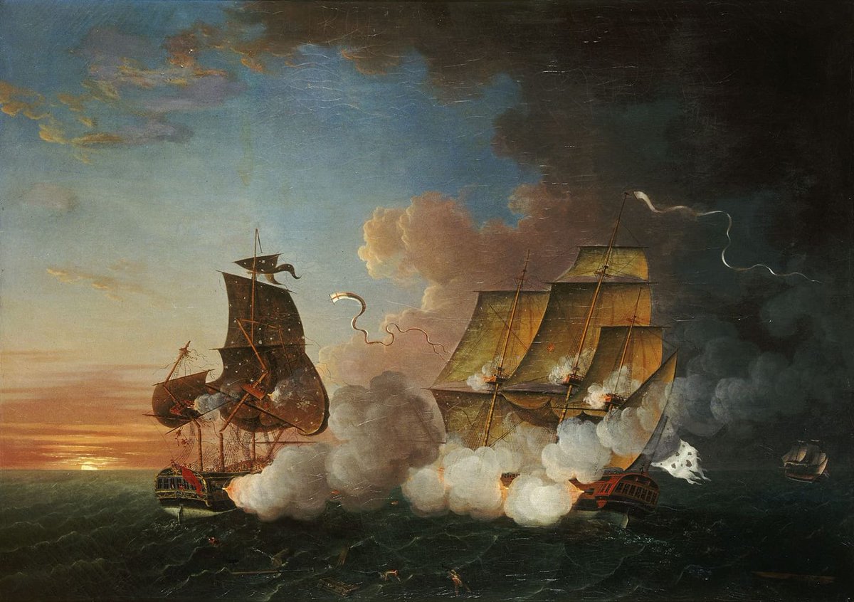 11 septembre 1778 : la frégate française la Junon affronte au large d'Ouessant la frégate HMS Fox. Après plus de trois heures de combat, le navire anglais, démâté, cesse le combat et se rend. Tableau d'Auguste-Louis de Rossel, 1788.