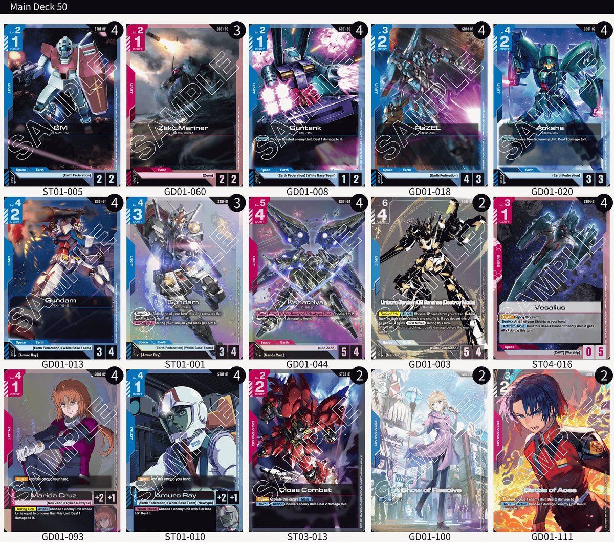 1st place on my First Combat Event! so happy about this win<3
I play all white/green and blue/red at finals!
I don't think I would play something different from my list, feels perfect imo
#GUNDAMCARDGAME