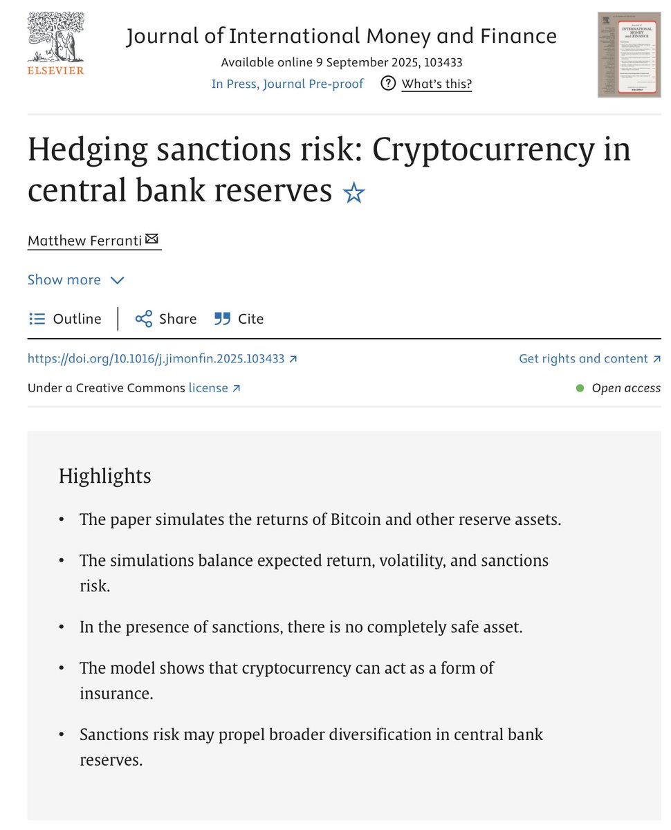 Harvard economist Matthew Ferranti has published a peer reviewed study showing that central banks preparing for sanctions risk should hold more than just gold. His model demonstrates that adding Bitcoin to reserves strengthens resilience when access to traditional assets is