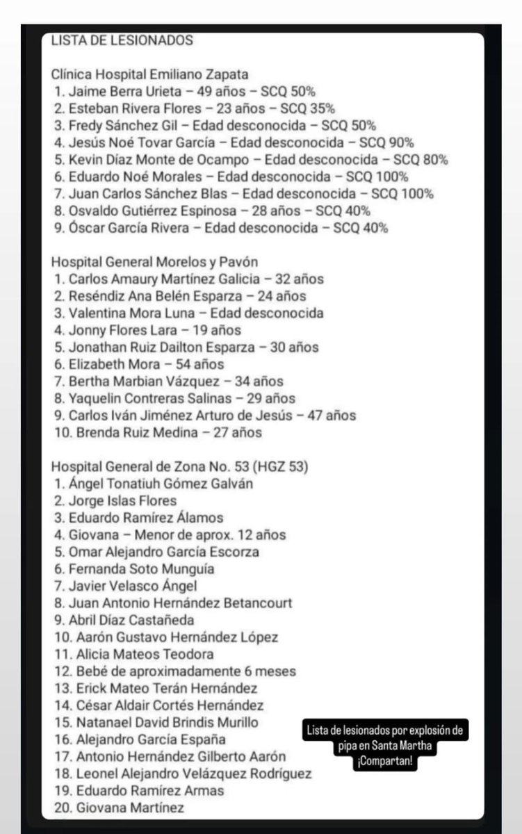 Kiquekc's tweet image. En lugar de compartir las terribles imágenes de personas qu3madas, de la explosión de la pipa en Iztapalapa CDMX y causar el morbo, mejor ayudemos a difundir la lista de los nombres de los lesionados para que sus familiares los localicen
Estás listas son las que circulan en redes