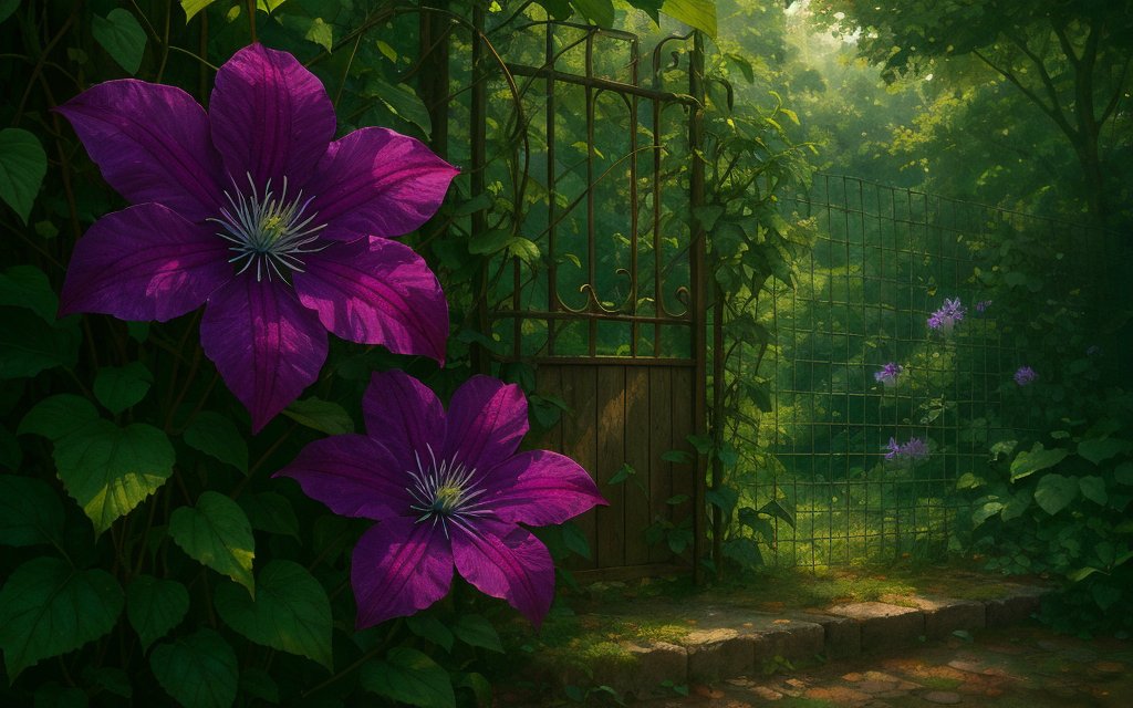vu2lid's tweet image. Two purple blossoms framed the rusting gate, their quiet bloom outlasting walls of iron and time. 
Painterly realism, overgrown garden gate, dramatic floral focus. #AIArt #MemoryField