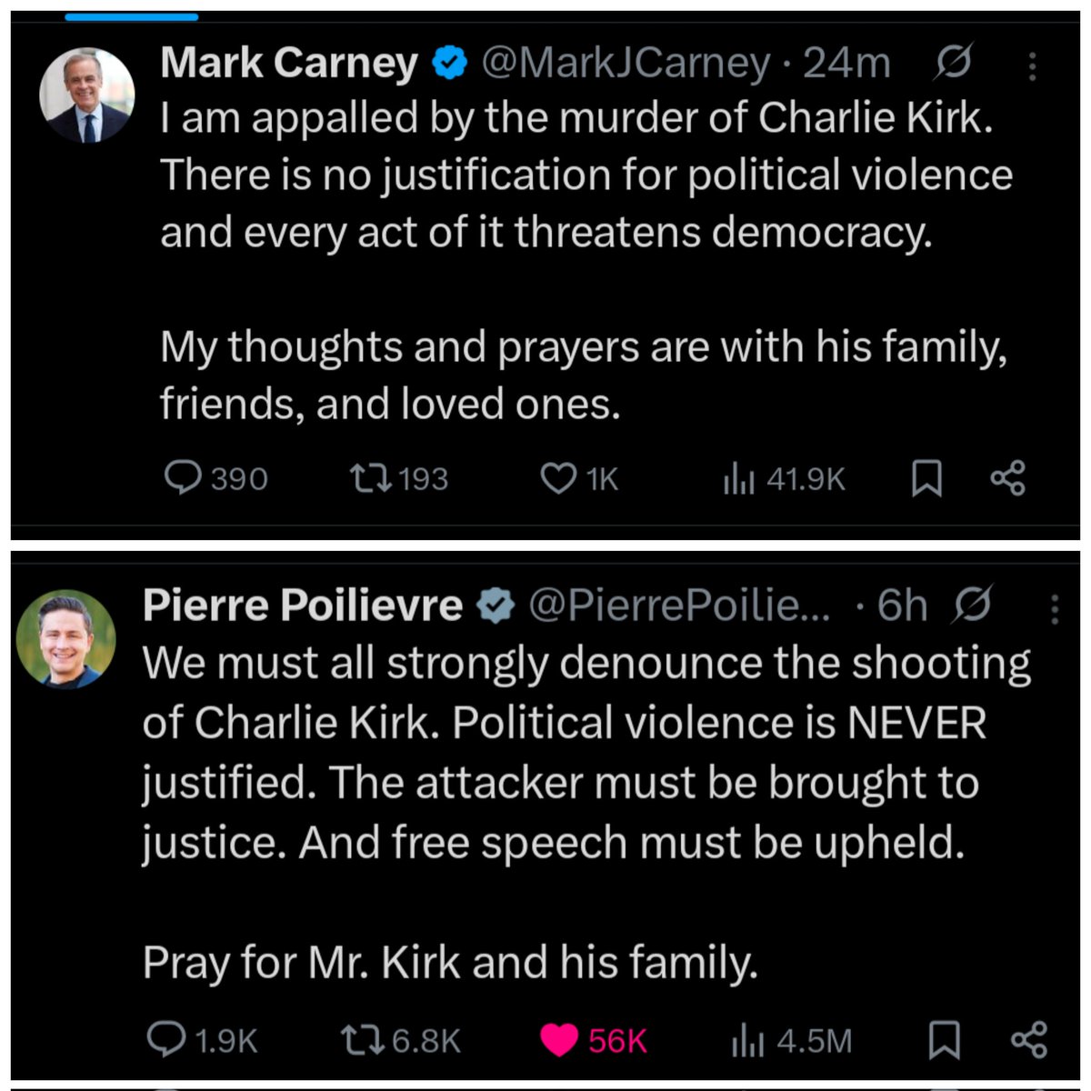 Mark Carney issues a statement on Charlie Kirk 6 hours after Pierre Poilievre did

They had to force these words out of Carney due to public pressure 

What a pathetic leader. Canada you elected the wrong guy