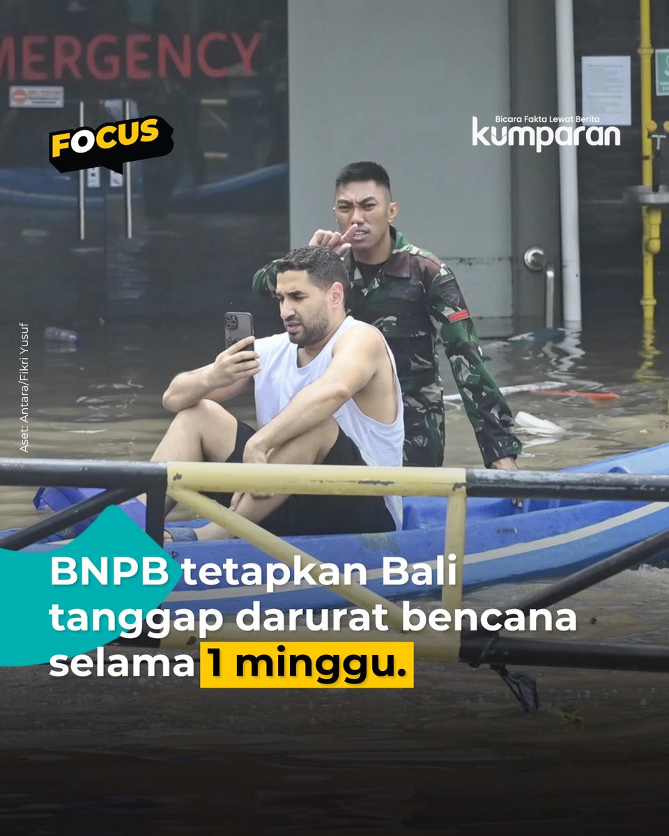 kumparan's tweet photo. Kepala BNPB Letjen Suharyanto menetapkan status tanggap darurat bencana selama sepekan di Bali setelah banjir melanda 123 titik akibat curah hujan tinggi. 

Keputusan ini diambil usai rapat koordinasi di Rumah Jabatan Gubernur Bali pada Rabu (10/9) malam. Awalnya status darurat direncanakan berlaku dua minggu, namun dipangkas karena kondisi banjir terlihat sudah mulai surut.

Suharyanto menyebut status tanggap darurat akan memudahkan percepatan langkah penanganan, mulai dari perbaikan hingga rekonstruksi pasca bencana. 

Dalam musibah ini, tercatat sembilan orang tewas, enam masih hilang, dan ratusan warga harus mengungsi di empat wilayah: Denpasar, Jimbaran, Badung, dan Gianyar.

BNPB memastikan kebutuhan pengungsi sudah tertangani, sementara pemerintah menyiapkan anggaran sekitar Rp 5 miliar untuk membantu menangani banjir.

📸: Dok. Antara/Fikri Yusuf.

Follow WhatsApp Channel kumparan untuk dapat Informasi terpercaya dikirim langsung ke WhatsApp kamu. Ketik https://t.co/LTFgN0m78w di browser kamu sekarang, agar bisa share informasi tanpa ragu.

#focus #balibanjir #news #oneliner #banjirbali #bali #seminyak #kuta #kebanjiran #banjir #bencanaalam #turis #info #infoterkini #berita #beritaterkini #bicarafaktalewatberita #kumparan