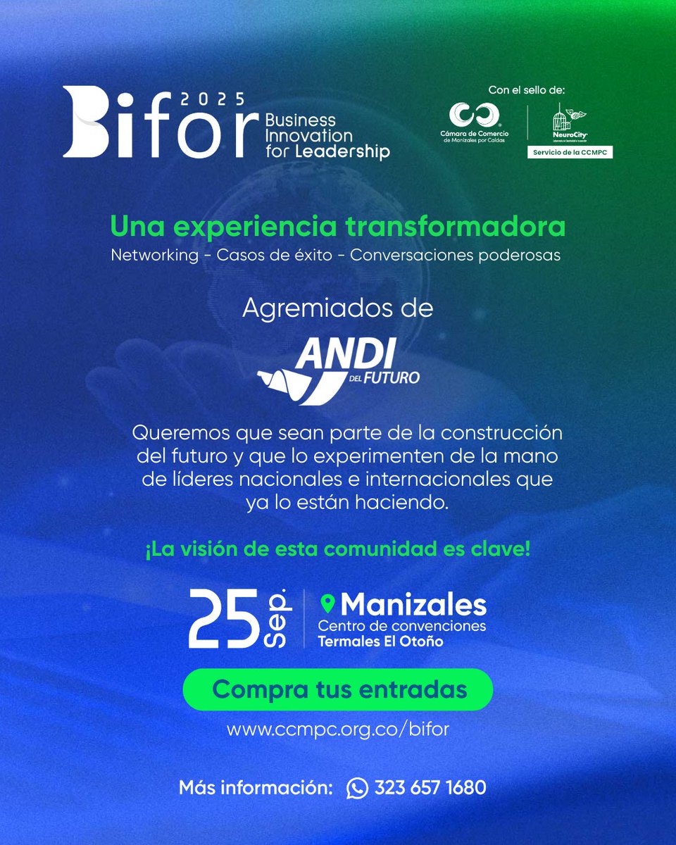 andidelfuturo's tweet photo. ¡Manizales se prende con #BIFOR2025! 🔥 Networking, casos de éxito y conversaciones poderosas. 25–26 sep, Termales El Otoño. Como ANDI del Futuro, vamos por ideas, aliados y negocios. 🎟 Entradas: https://t.co/AfWYirRiIL
 ℹ️ https://t.co/VYaQbL2XFb
 #ADF #Manizales https://t.co/CyeNfsu6Or