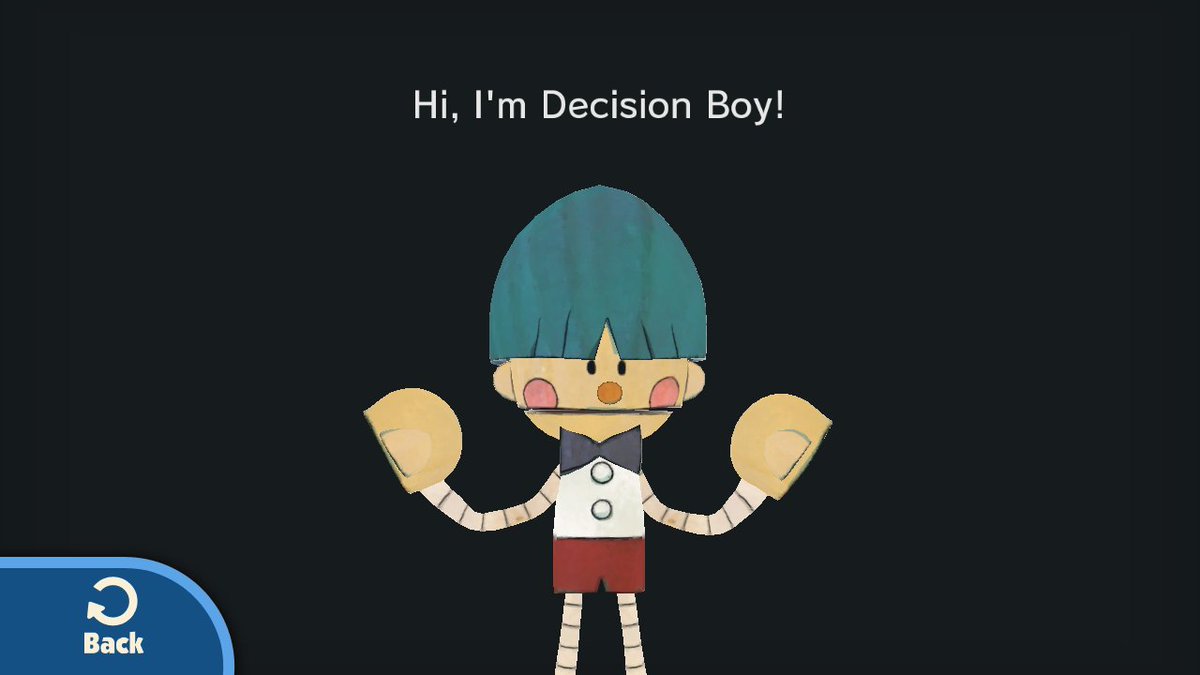 The player can ask a question into the GamePad microphone, at which point Decision Boy will either shout "YES" or "NO" in response to the question.