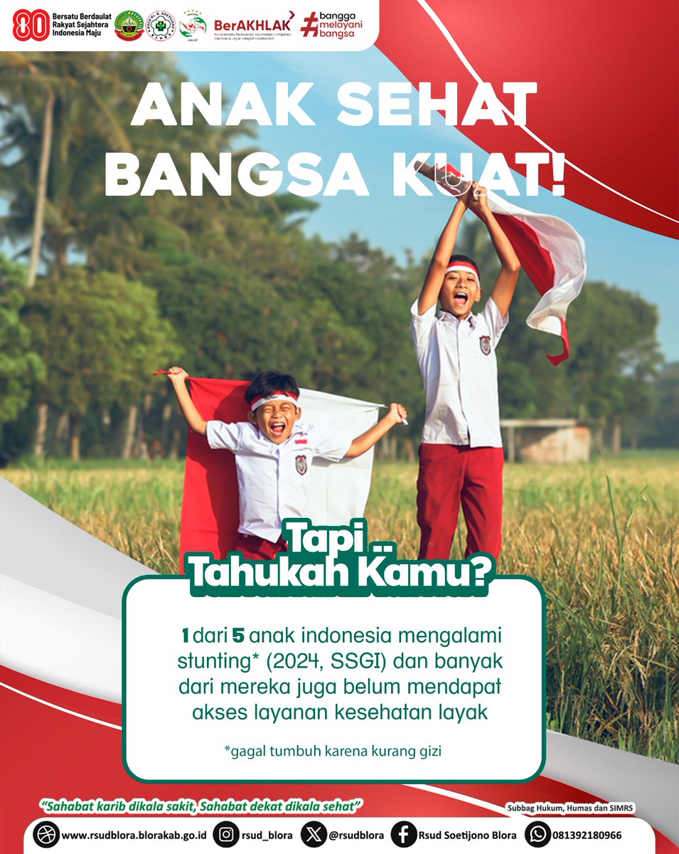 RSUDBlora's tweet photo. Stunting bukan hanya soal tubuh yang pendek, lho. Tapi, ini masalah serius yang bisa menghambat pertumbuhan otak dan kecerdasan anak di masa depan. Stunting juga bisa bikin anak lebih rentan sakit.
"Sahabat Karib Dikala Sakit, Sahabat Dekat Dikala Sehat." https://t.co/1nWJirCsLu