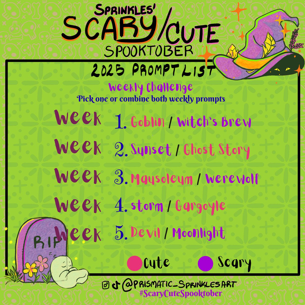 PrsmaticSprnkls's tweet photo. New year, new list! Welcome back to the Scary/Cute Spooktober! As always, this is the prompt list that I'll be working on, and I hope others join me too! ^_^ Three lists again so you can pick your spooky art pace.

#Drawtober #inktober #inktoberalternative #scarycutespooktober https://t.co/J9zF5gTJ2a