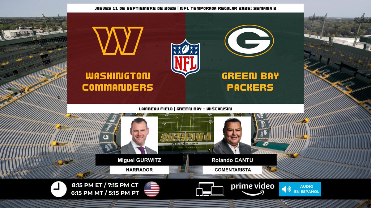 ProgramacionUS's tweet photo. 🏈 #NFL 🇺🇸 | @Commanders vs. @packers
🎙️Narrador: @Miguel_Gurwitz
🎙️Comentarista: @RolandoRCantu
💻📱@PrimeVideo - Audio en Español 🇺🇸
#️⃣ #TNFenPrime - #WASvsGB https://t.co/bLCjTB6irN