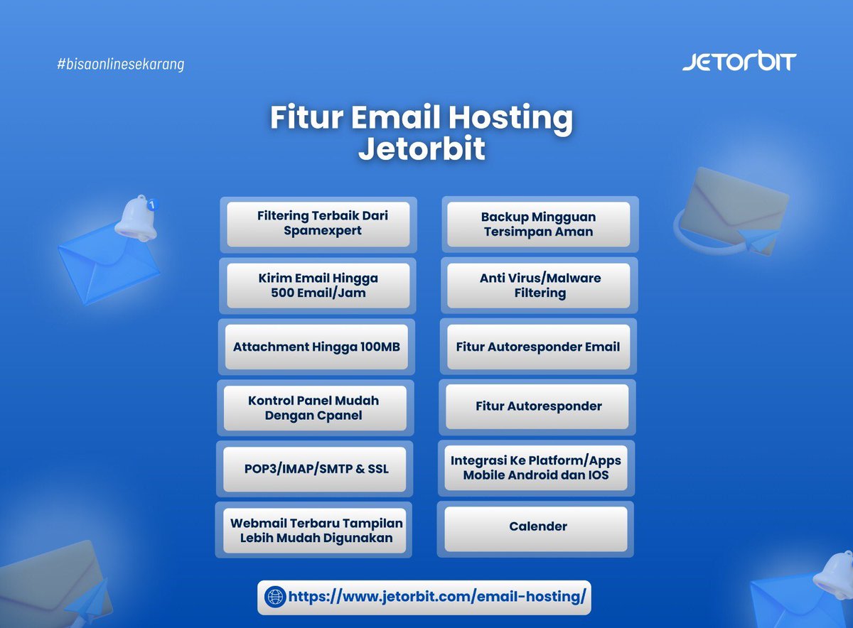 👋 Hallo Orbiterss!
🚀 Email Hosting Profesional dari Jetorbit lagi diskon 30%!

✅ Anti Spam &amp; Anti Virus
✅ Kirim 500 email/jam
✅ Backup mingguan aman
✅ Attachment hingga 100MB

Mulai Rp 75rb/bulan 👉 jetorbit.com/email-hosting