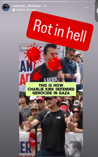 Samar Alkhdour, a Palestinian woman who migrated to Montreal 2 years ago &amp; recently brought in her entire family in the past 3 months, tells Charlie Kirk to "rot in hell" after he was assassinated in front of his family.