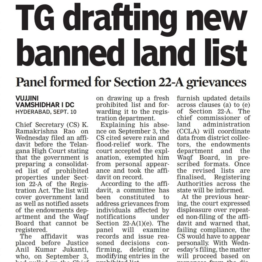 revanthannanews's tweet image. 💥 Telangana govt 
🔹preparing fresh Section 22-A banned land list
🔹 Covers govt, endowment &amp;amp; Waqf lands
🔹 CS K. Ramakrishna Rao files affidavit in HC
🔹 Panel set up for grievance redressal
#Telangana #LandReforms #Section22A