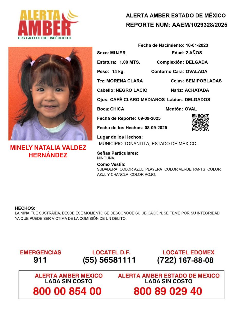 nacholozano's tweet photo. #AlertaAmber | Ayúdanos a encontrar a Minely Natalia Valdez Hernández.

Fue vista por última vez en calle San Lázaro, Fraccionamiento Villas de Santa María #Tonanitla, en el #Edomex, aproximadamente a las 10:50 am del lunes 08 de septiembre de 2025.

Viste pants azul marino, sudadera azul marino sin gorro, playera verde claro y chanclas rojas. Se presume que se la llevaron en un vehículo color gris, marca Hyundai modelo Grand i10 con placas HJS178D.

Si cuentas con información que pueda ayudar a localizarla, por favor comunícate con las autoridades.