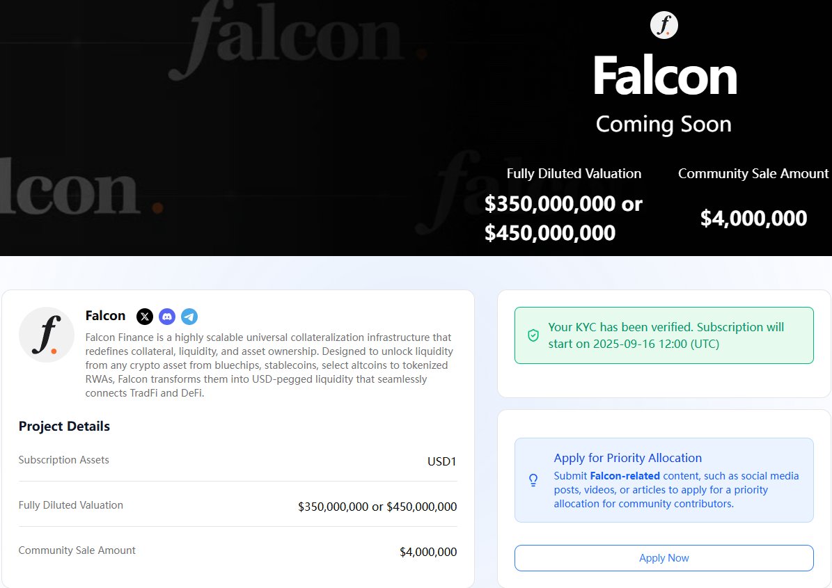 全网最全Falcon <a href="/falconfinance/"></a> 代币 $FF 在 <a href="/buidlpad/">Buidlpad</a> 的预售规则解析及指南！

时间线(北京时间)
1.KYC认证时间：9.17号 8:00 - 9.19号 19:59
2.资格检查时间：9.22号 18:00公布(记得subscribe！)
3.打款时间：9.22号 18:00 – 9.23号 18:00
4.结算和退款：9.26号 24:00

目标金额：4M
打款币种：USD1
