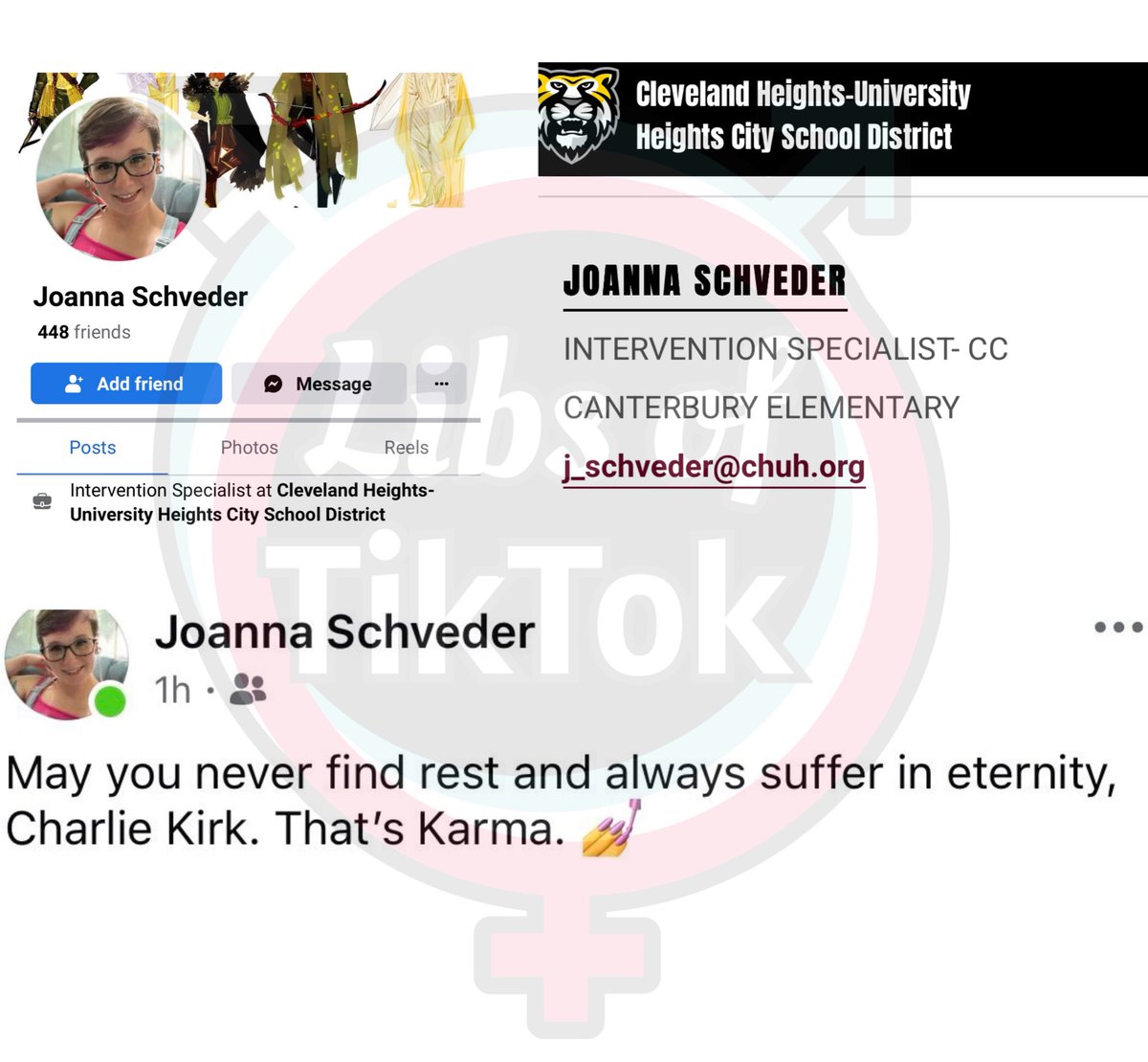 libsoftiktok's tweet image. Joanna Schveder, a teacher at @CHUHSchools posted that she hopes Charlie “never finds rest and always suffer in eternity. That’s karma.”

Any comment @CHUHSchools?