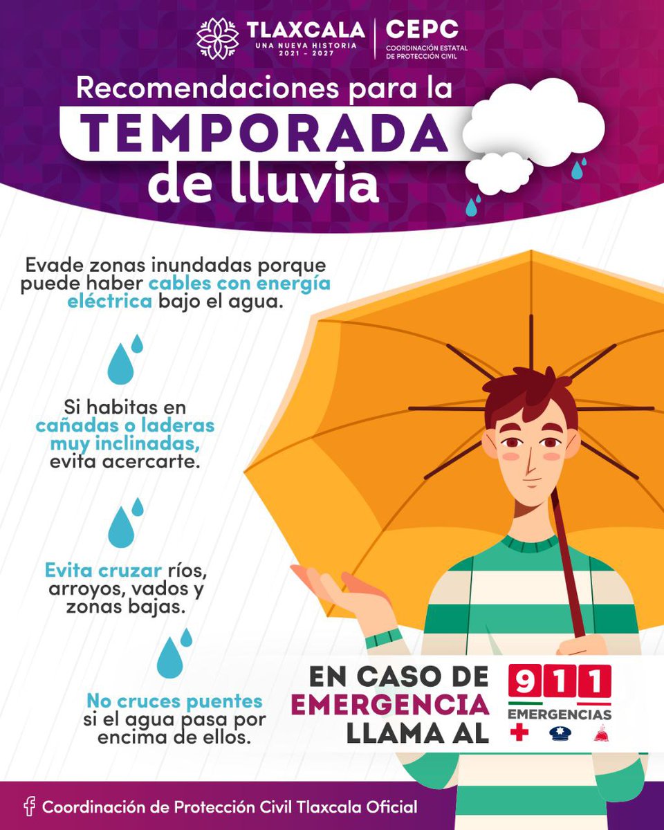 ⚠️ ¡Evita riesgos durante la temporada de lluvias!

🔹 No cruces zonas inundadas ni puentes con agua encima
🔹 Aléjate de ríos, laderas inclinadas y cables bajo el agua

📞 Ante cualquier emergencia, marca al 911.
#ProtecciónCivilTlaxcala #TemporadaDeLluvias