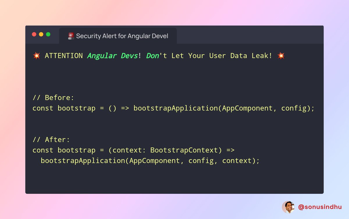 sonusindhu10's tweet image. 🚨 Security Alert for Angular
Heads up, if you're using Angular SSR, there's a serious vulnerability you need to know.
* @angular/platform-server
* @angular/ssr
* @nguniversal/common
fix is simple, ng update
#Angular #AngularSSR #Security #Vulnerability #JavaScript