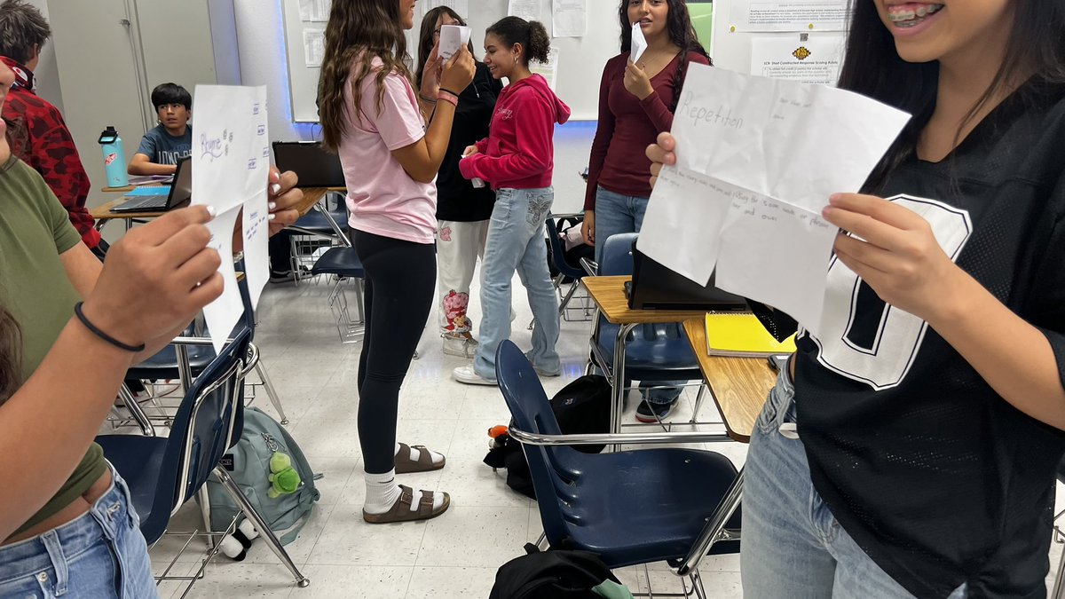 AMena_EDHS's tweet image. Just wrapped up an energizing Quiz-Quiz-Trade session with my students! 🌟 They actively exchanged questions on poetic devices, boosting peer learning and teamwork. Cooperative learning at its best—engaged minds, deeper understanding! #EdChat #CooperativeLearning #Poetry