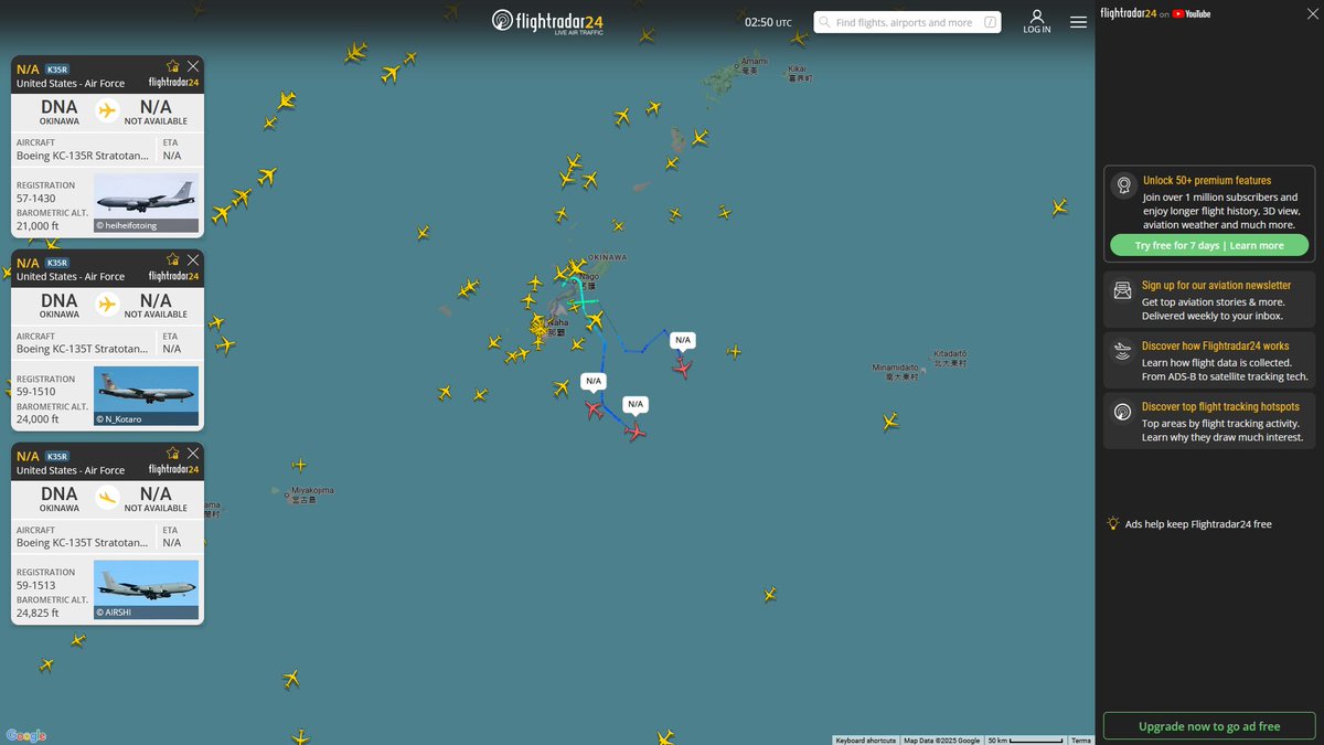 AIYeyENGDdJkjTr's tweet photo. Sept. 11, 2025
#Okinawa Kadena Air Base #Miyako Strait ==> #Okinawa Kadena Air Base
#NoCALLSIGN #AE0240 USAF KC-135T Stratotanker 

#Okinawa Kadena Air Base ==> #Miyako Strait 
#NoCALLSIGN #AE0150 USAF KC-135R Stratotanker 
#NoCALLSIGN #AE0141 USAF KC-135T Stratotanker https://t.co/dXN3mIXsn6
