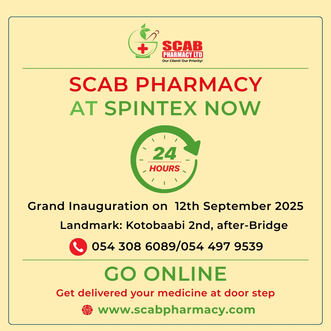 scabpharmacy's tweet image. Great news! SCAB Pharmacy at Spintex (Kotobaabi 2nd, after the bridge) is now open 24/7 starting 12th September 2025. For home delivery call 054 308 6089 or 054 497 9539 — or order online at scabpharmacy.com. Your health! Our Priority!.
#SCABPharmacy #Spintex #24Seven