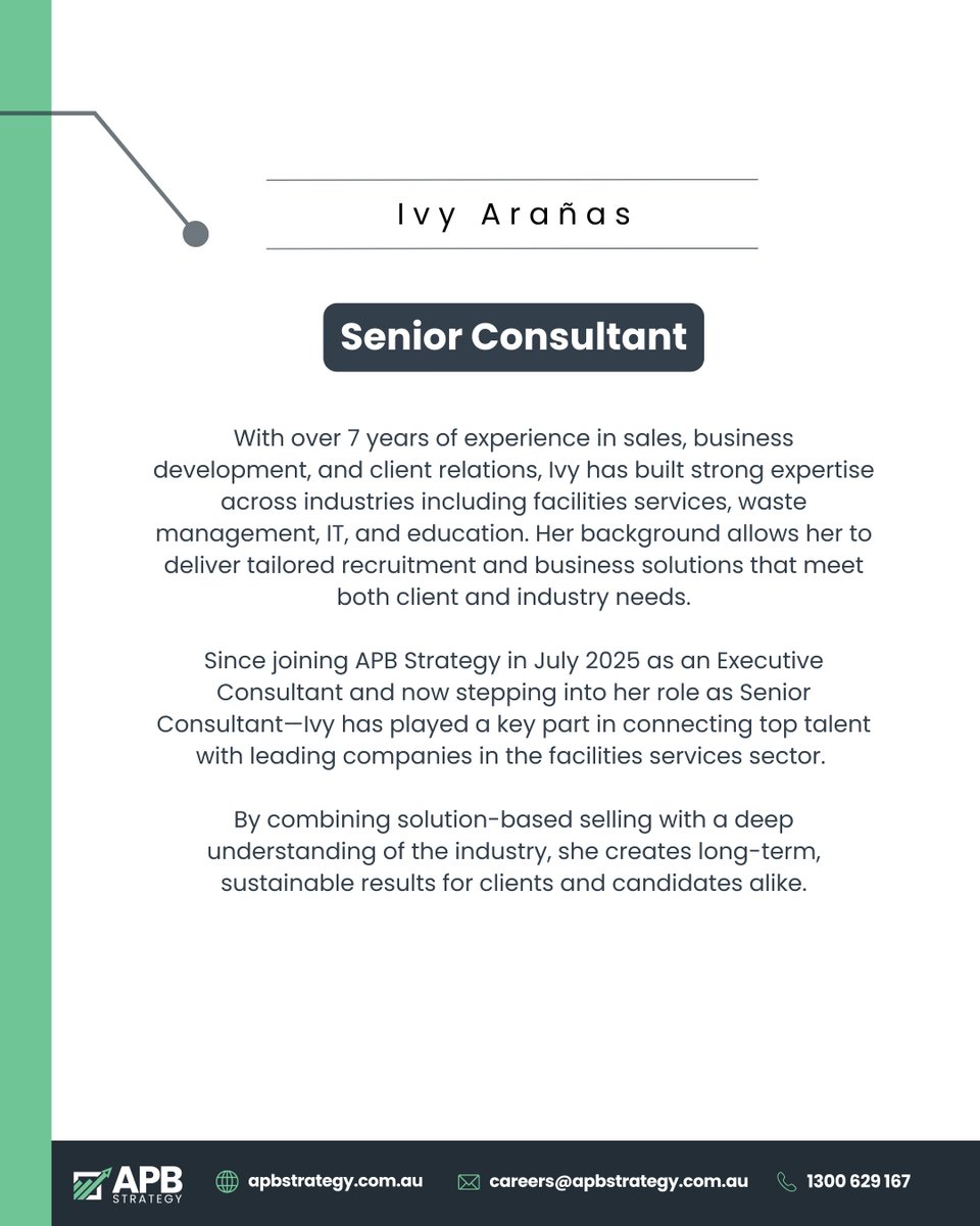 APBStrategy's tweet image. Meet Ivy 🌟 Our Senior Consultant! With experience across waste management, IT &amp;amp; cloud, she brings sharp skills &amp;amp; a people-first approach. Connect with Ivy for opportunities! 

#MeetTheTeam #Consulting #FacilitiesServices #BusinessDevelopment #ClientSuccess #APBStrategy