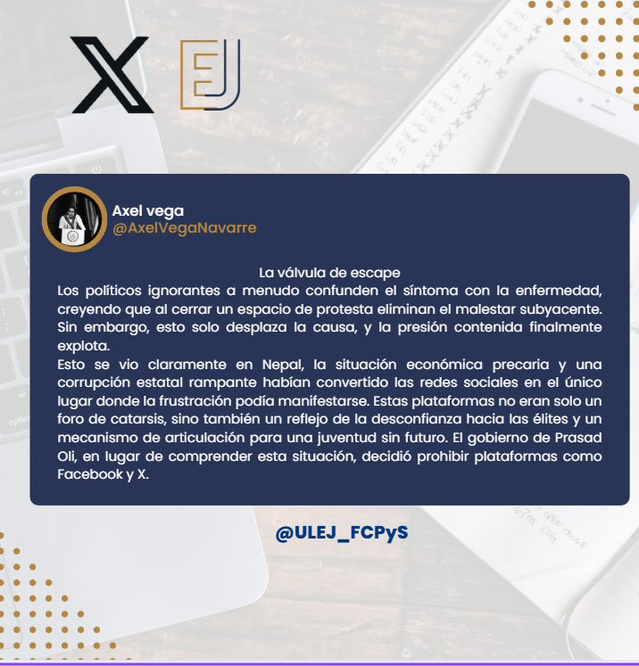 ULEJ_FCPyS's tweet photo. 📢2x1 en #Polacasopina 
Esta vez @AxelVegaNavarre nos invita a poner mas atención a la situación que esta pasando en Nepal, ya que refleja una crisis que esta pasando en diversos paises.
#Nepal #Nepalprotest #PoliticalCrisis https://t.co/qGVgzK8CA0