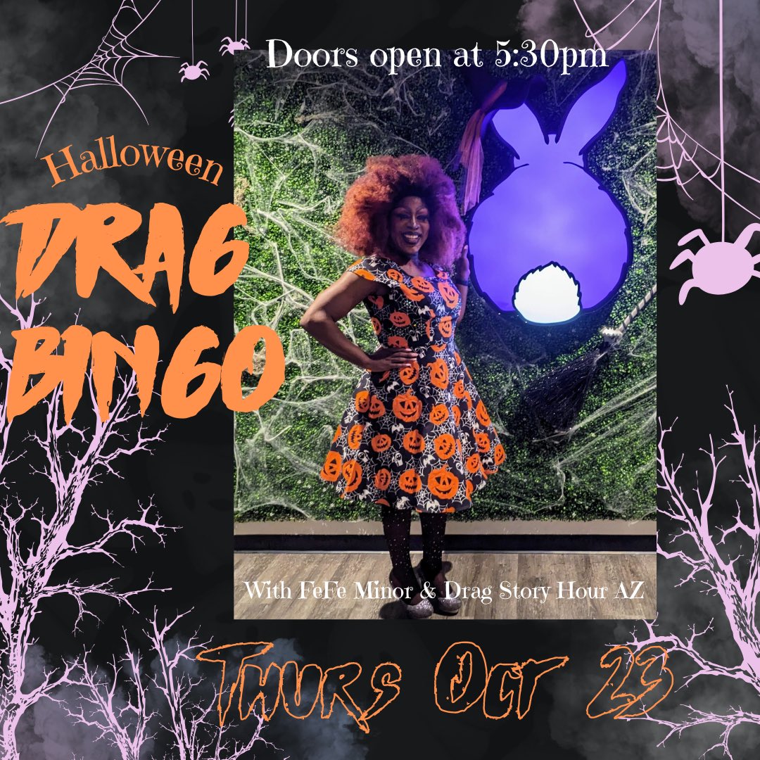 divaminor's tweet image. It’s official! Join me for a Halloween edition of Drag Bingo at 5:30 pm on Thursday, October 23 at @DrinkMeTeaRoom. Win prizes, sip tea, and eat treats! 18+ event. 

Get tickets:
drinkmetearoom.com/event/drag-bin…

#Halloween #SpookySZN #PhoenixAZ