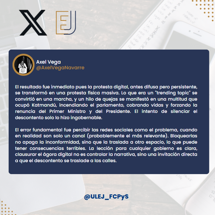 ULEJ_FCPyS's tweet photo. 📢2x1 en #Polacasopina 
Esta vez @AxelVegaNavarre nos invita a poner mas atención a la situación que esta pasando en Nepal, ya que refleja una crisis que esta pasando en diversos paises.
#Nepal #Nepalprotest #PoliticalCrisis https://t.co/qGVgzK8CA0
