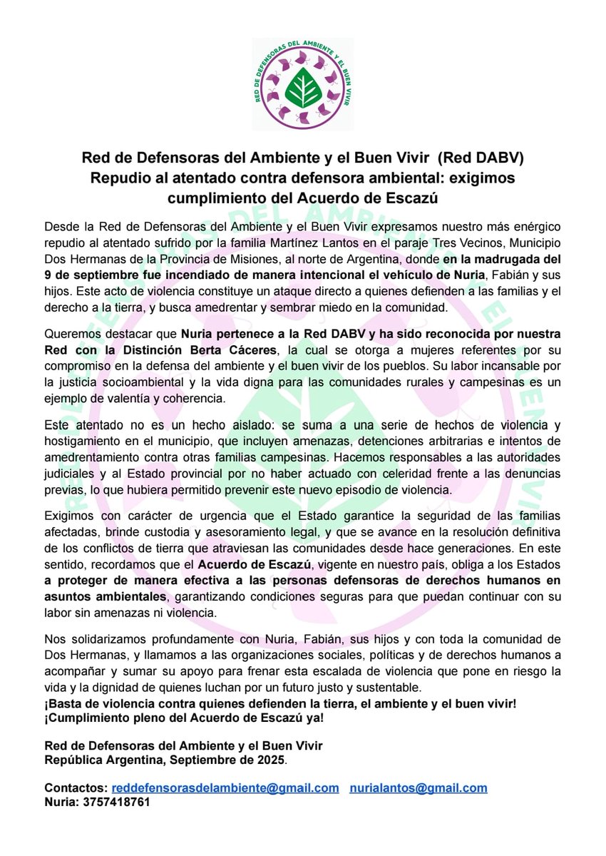 📣Repudio al atentado contra la familia Martinez Lantos en el paraje Tres Vecinos (Misiones).

El 09/09 incendiaron intencionalmente el auto de Nuria, Fabián y sus hijos que estaba estacionado frente a la casa, por el hecho de defender a las familias y el derecho a la tierra.