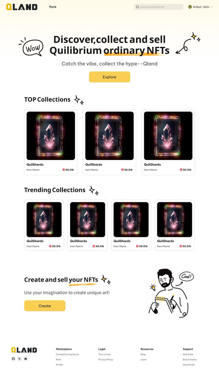 QM

We’ve more or less finished the Qland marketplace UI design

After trying <a href="/QuilShards/">QuilShards</a>  on our website, everything just felt like the perfect fit

Can’t wait for that day to come! <a href="/QuilibriumInc/">Quilibrium</a> 

Sneak peek 👇