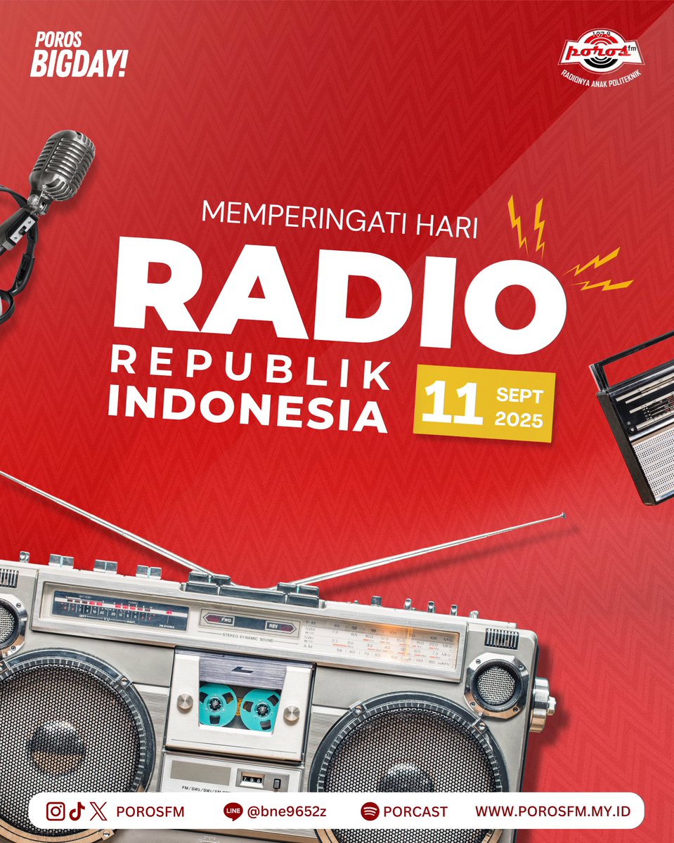 porosfm's tweet image. Selamat Hari Radio Republik Indonesia! 📻

Hari ini mengingatkan betapa pentingnya radio sebagai media massa untuk menyebarluaskan informasi. Serta pengingat untuk terus semangat dalam menghadirkan suara yang jujur, kreatif, dan inspiratif. 🤩

#PorosLimitless #BigDays #PorosFM