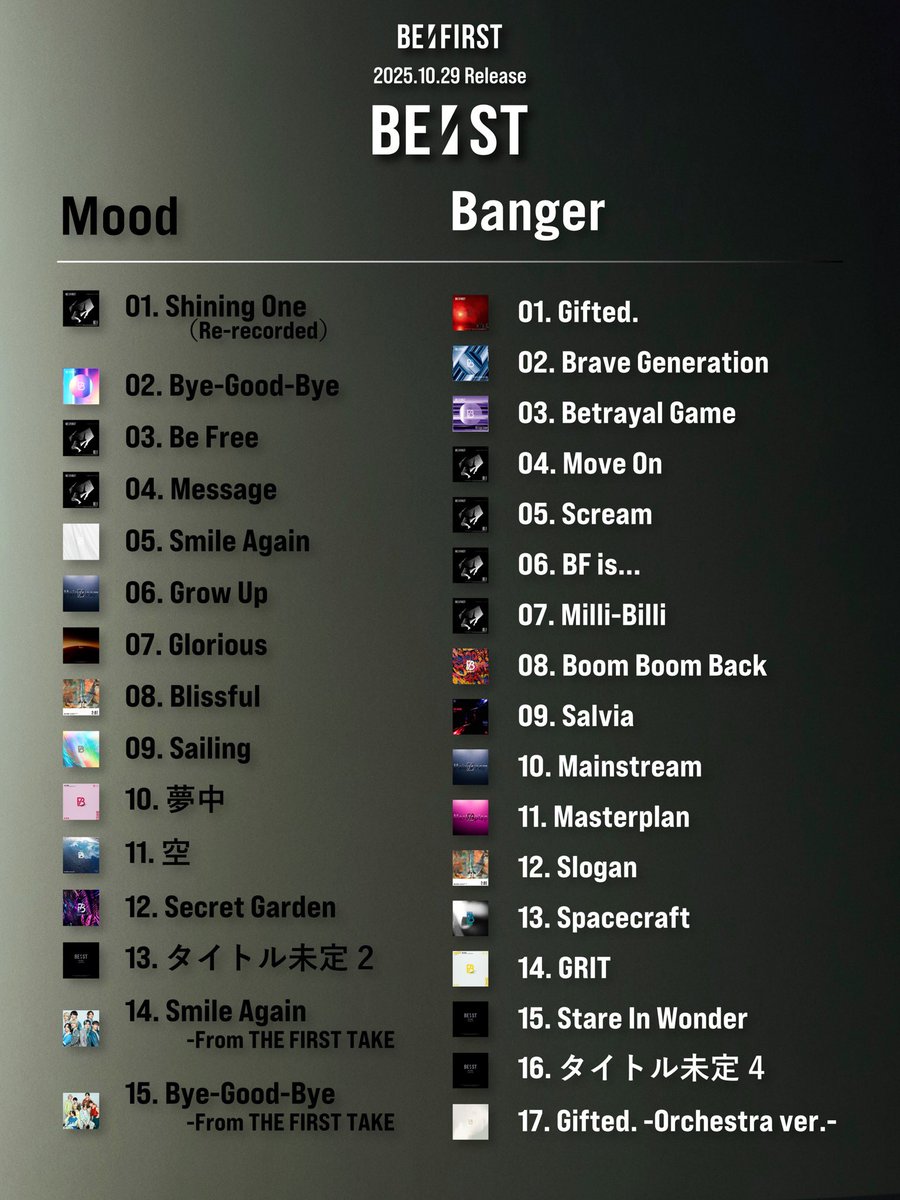 2025.10.29
BE:FIRST Best Album『BE:ST』

Track List
Mood &amp; Banger

befirst-sp.com/BEST/

#BF_BEST
#BEFIRST