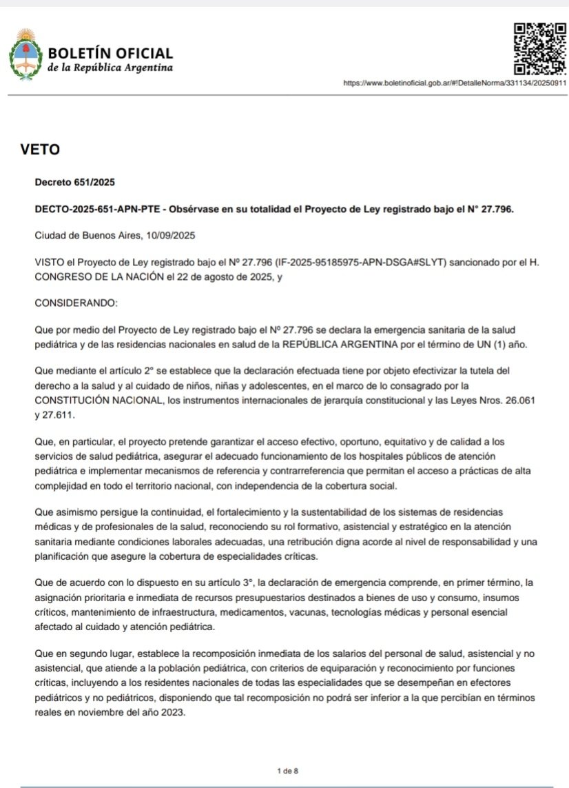 Milei vetó la ley de emergencia pediátrica.