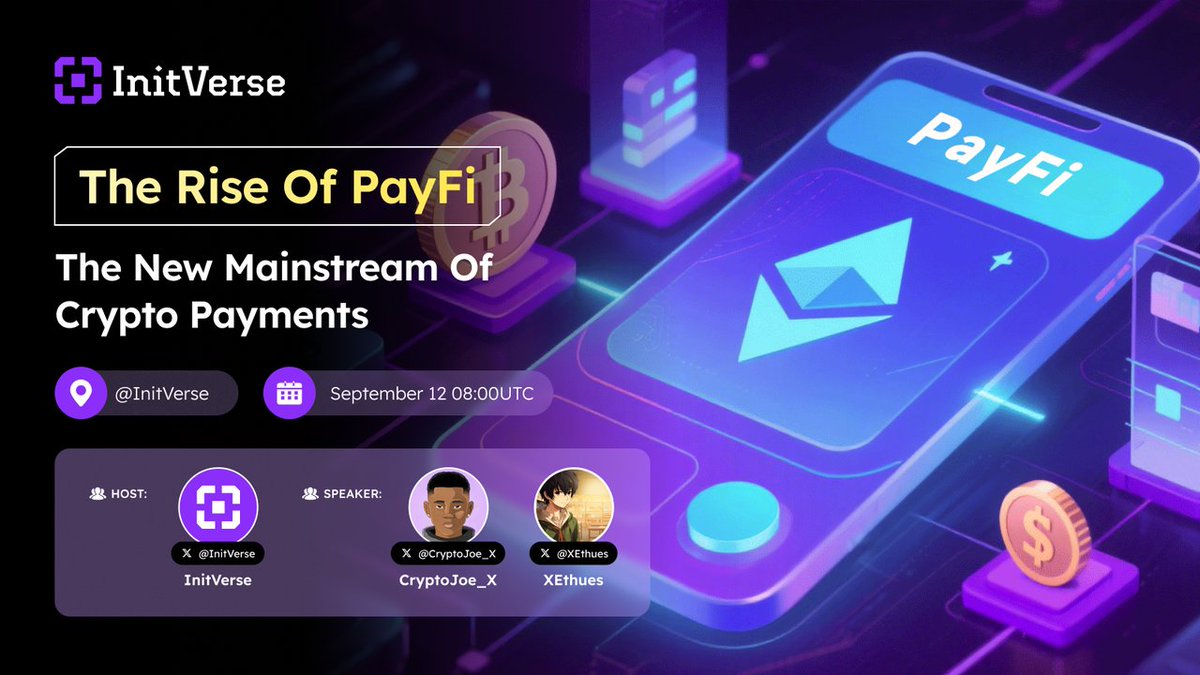 InitVerse's tweet image. 🚀 Space Opening Soon | The Rise of PayFi
📅 Time: September 12, 08:00 UTC
💡 Topic: PayFi: The New Mainstream of Crypto Payments?

Advantages of PayFi over Traditional Payments

Balancing Compliance and Privacy

The Prospects of DeFi and Crypto Payment Integration

Technical and…