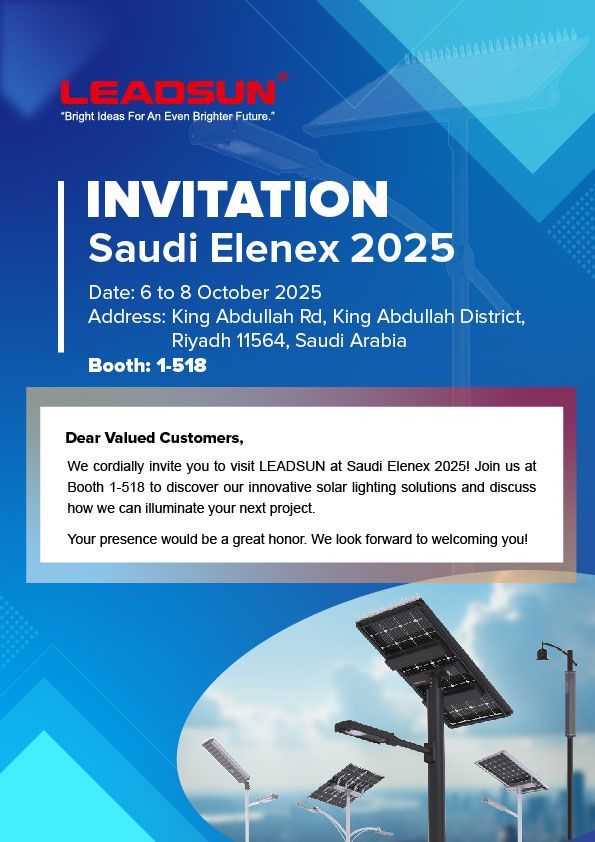Explore LEADSUN’s advanced solar lighting tech — smart, sustainable, built to illuminate the future! 🌞 Join us at Booth 1-518 (Oct 6-8, Riyadh) for #SaudiElenex2025. Let’s light up today and tomorrow.

#SolarStreetLight #SaudiElenex #Solarenergy