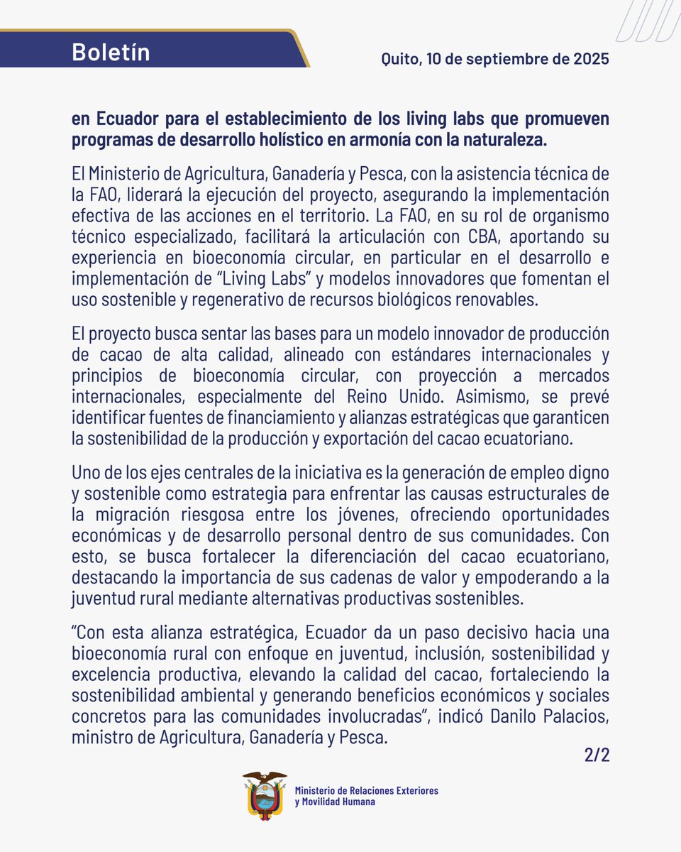 Ecuador fortalece la bioeconomía circular en el sector cacaotero, junto con Circular Bioeconomy Alliance y FAO.