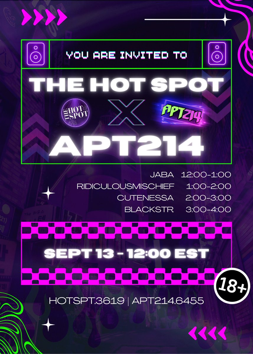 TheHotSpotVR's tweet image. Heyo Hot Shots! This Saturday we have a collaboration event with APT214! [Doors open at 11:45pm EST] 
Get your drinks ready for an unforgettable night.. see you there! 🥂vrc.group/HOTSPT.3619
~Jocie 🩷
#VRC #VRDJ #TheHotSpot